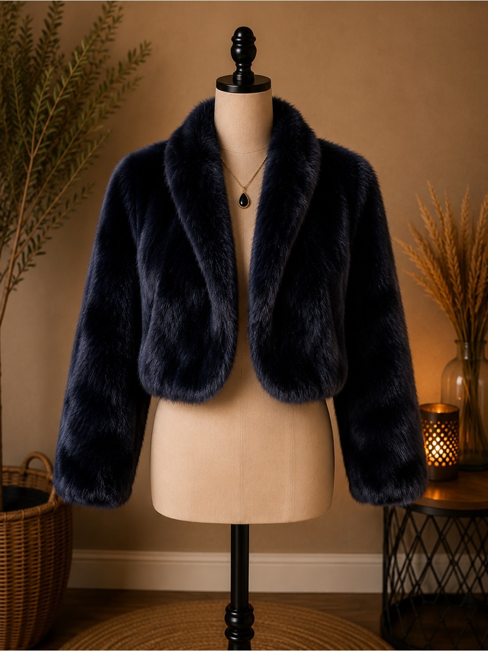 Minkpink size small Plush Faux Fur Cropped Jacket in Navy